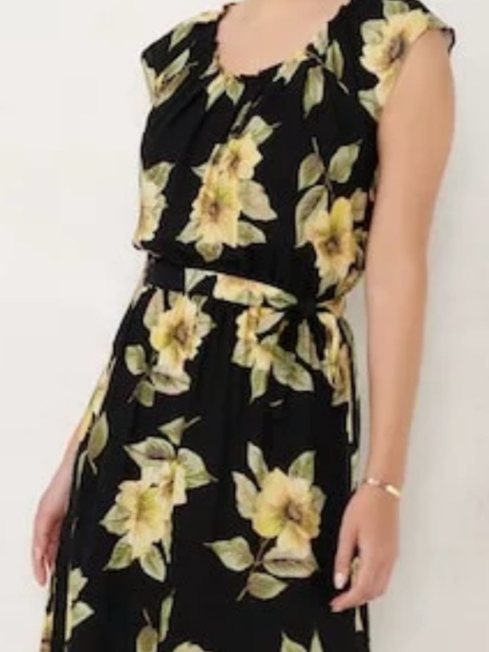 LC Lauren Conrad Black Midi Dress with Yellow Floral Print Size Small